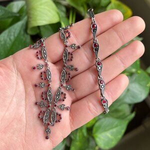Red Marcasite Jewelry Set, Floral [Necklace & Earrings]